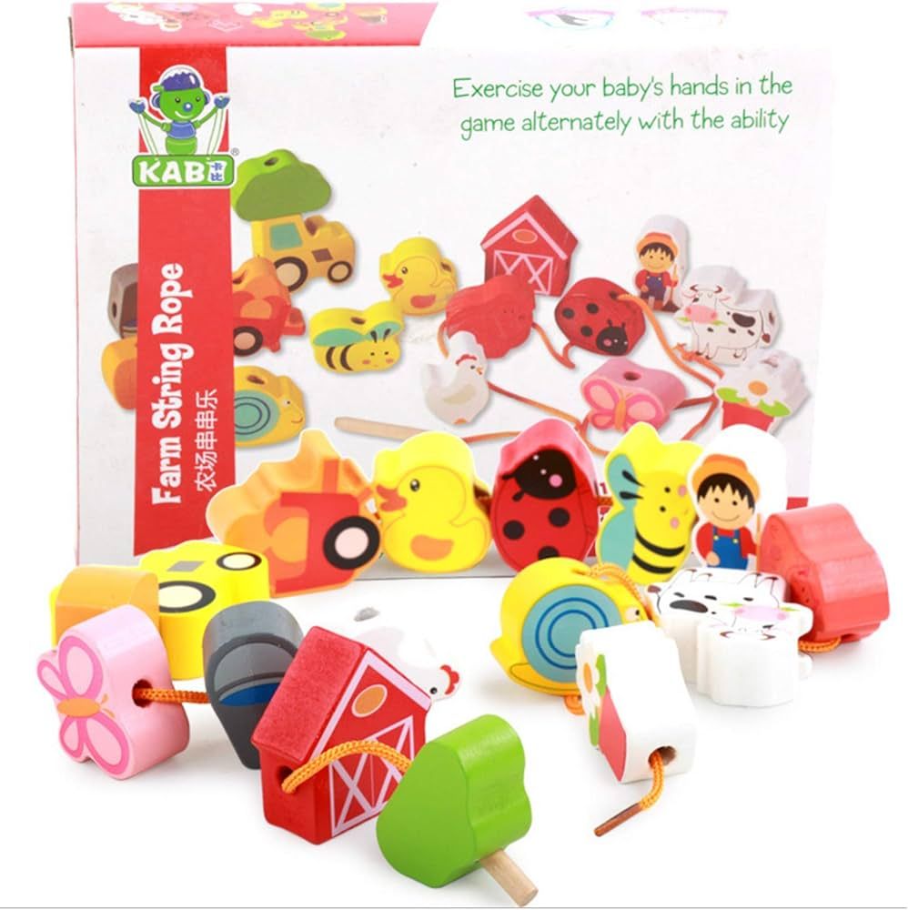 Lacing Farm Toy Wooden Block Set, Early Educational Toys String & Lacing Beads Games for Toddlers... | Amazon (US)