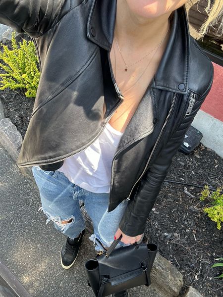 Casual style, all saints leather jacket size 10, agolde 90’s mid rise 27, free people tee in small, golden goose midstat, mom style, easy weekend outfit for errands or park date