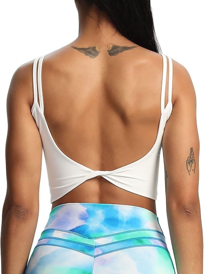 Aoxjox Women's Workout Sports Bras Fitness Padded Backless Yoga Crop Tank Top Twist Back Cami | Amazon (US)