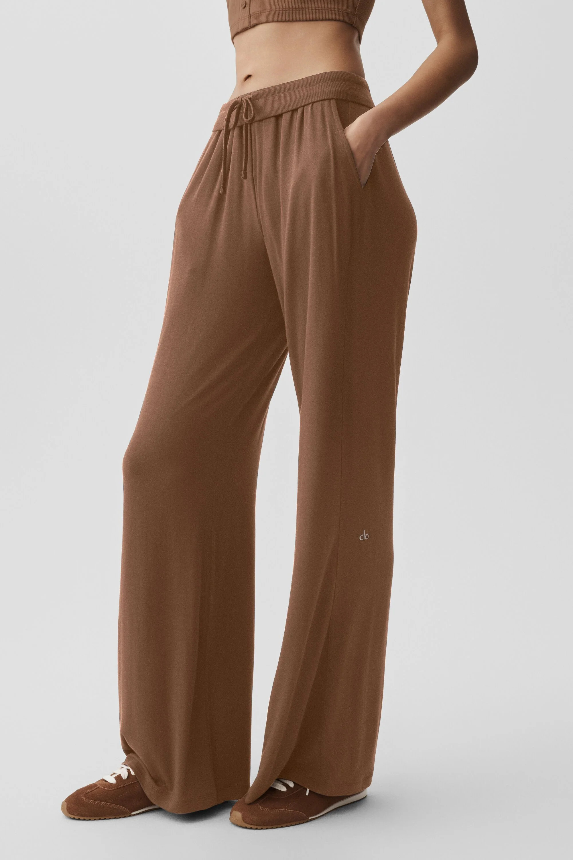 ALO | Semi-Sheer Delicate Lounge Flare Pants (Regular) in Sun Kissed Brown, Size: Small | Alo Yoga