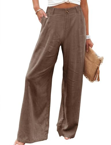 Hooever Womens Cotton Linen Pants Casual Button Up High Waisted Wide Leg Trousers(rown-S) Brown | Amazon (US)