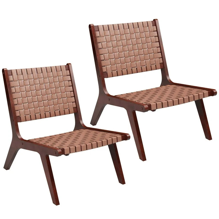 Costway Set of 2 Woven Leather Accent Chair Mid Century Rubber Wood Armless Side Chair | Walmart (US)