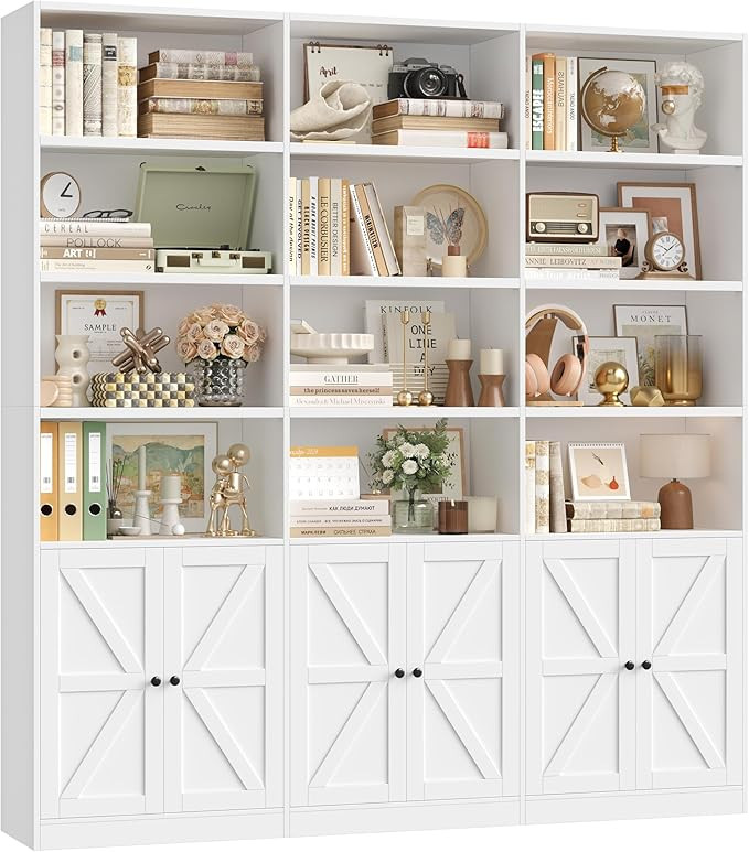 FACBOTALL 75" Triple Wide Bookshelf, White Bookshelf and Bookcase with 6 Farmhouse Doors, 71" Wid... | Amazon (US)