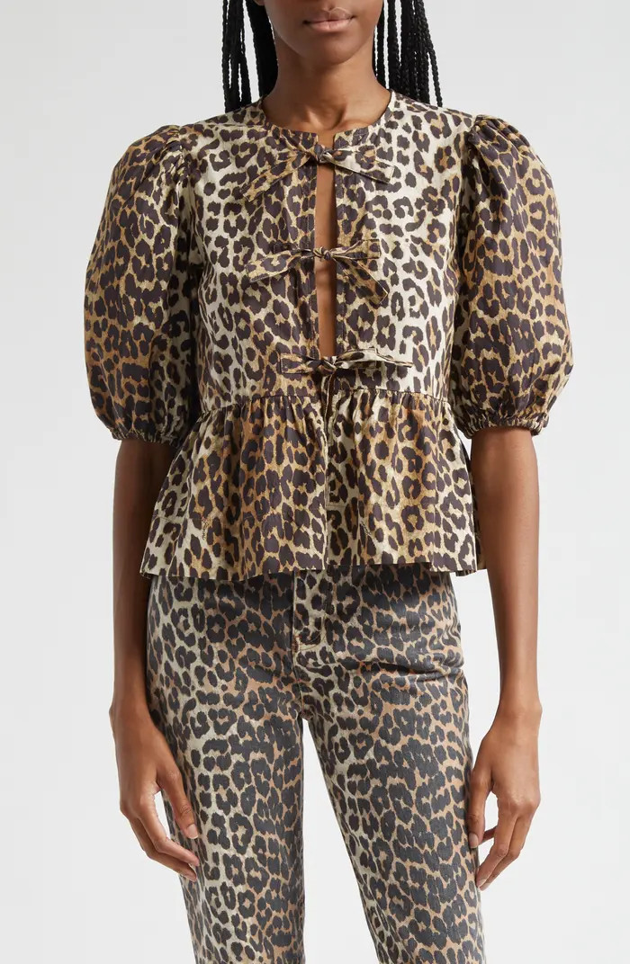 Ganni Leopard Print Tie Front Organic Cotton Top | Nordstrom | Nordstrom