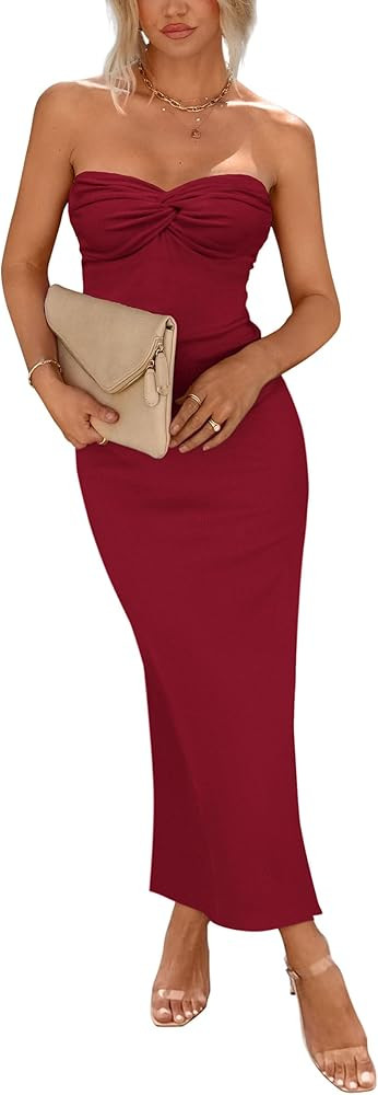 PRETTYGARDEN Women's 2026 Summer Bodycon Maxi Dress Strapless Tube Twist Knot Front Ribbed Knit S... | Amazon (US)