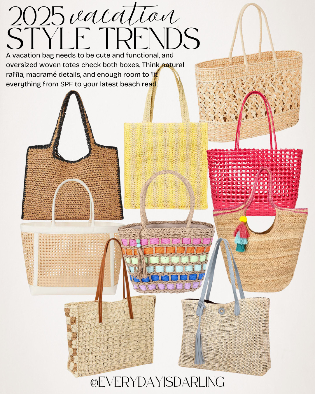 Carry it all, effortlessly ✨ Oversized woven totes are the ultimate chic-meets-functional accessory—perfect for beach days, market strolls, and everything in between. 👜☀️ #VacationEssential #EffortlessStyle

Summer style  resort wear  spring break fashion  tote bags  woven bags 
 everydayisdarling 

 #LTKStyleTip #LTKTravel #LTKItBag