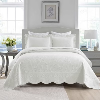 Marcielo 3-Piece Elegantly Embroidered 100% Cotton Oversized Quilt Bedspread Set TX Soft White King | Target