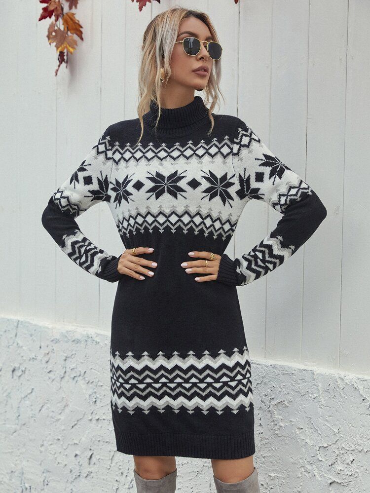 Argyle & Chevron Pattern Turtleneck Sweater Dress | SHEIN