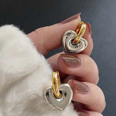 1 Pair Silver Heart & Gold Hoop Vintage Style Classic Earrings For Women | SHEIN