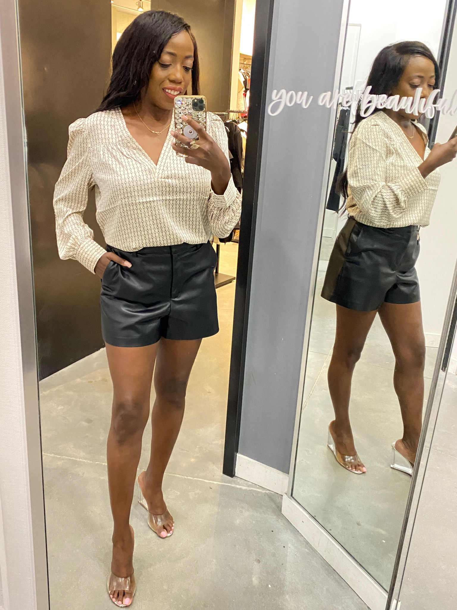 Fall Outfit 

Love these faux leather shorts. They also come in brown. True to size wearing a size 6. 
Paired it a printed blouse. Wearing size small. 

Fall Outfits, Concert, 

#LTKfindsunder100 #LTKSeasonal #LTKover40