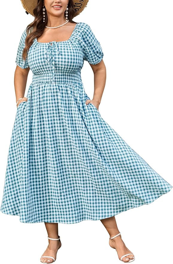 SCOMCHIC Women's Plus Size Maxi Dress Square Neck Plaid Short Sleeve A Line Tie Front Casual Summ... | Amazon (US)