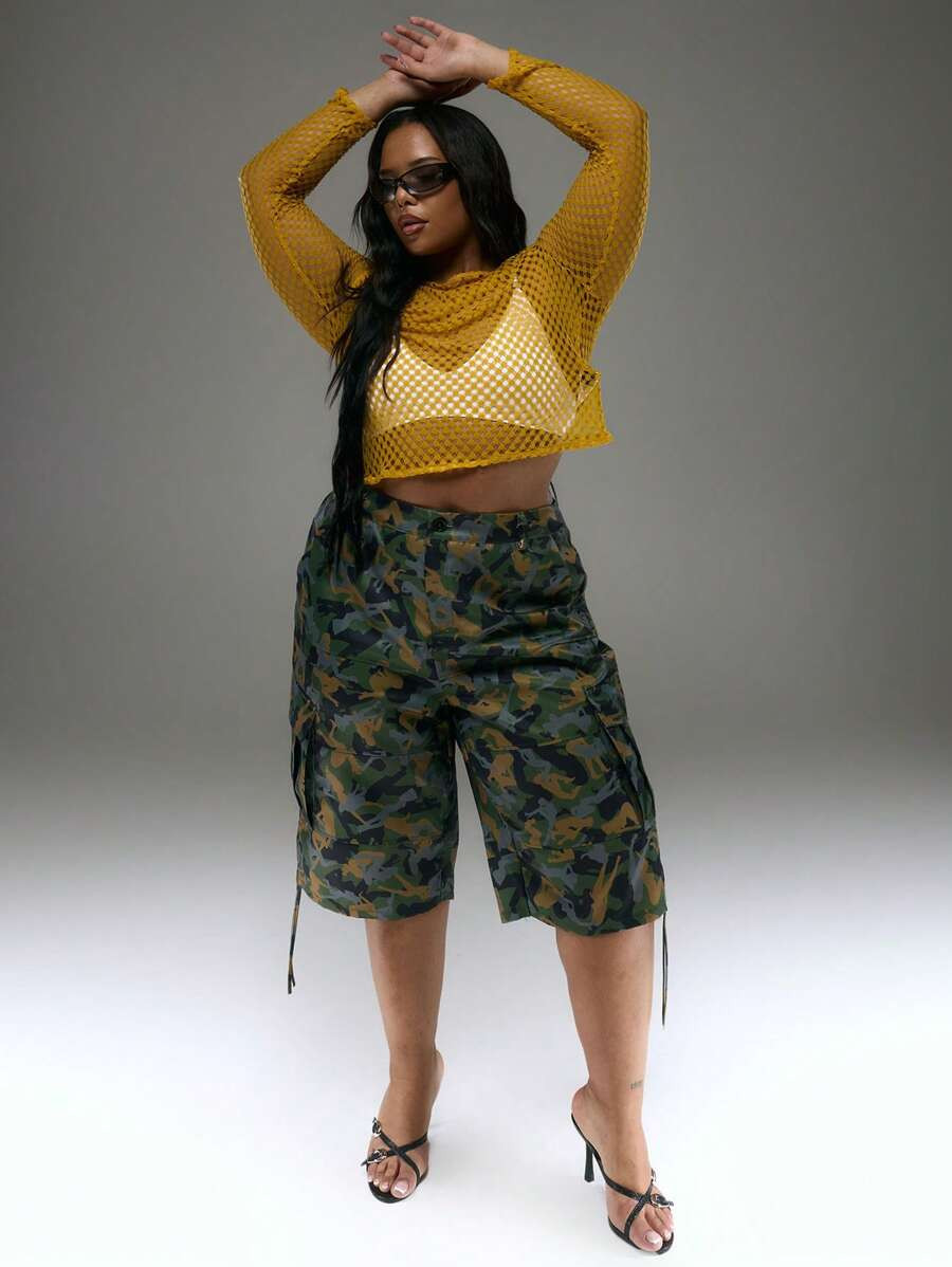 MUSERA Plus Size Camo Cuffed Tie Cargo Trouser For Everyday, Street Style, Streetwear, Y2K, 2000'... | SHEIN