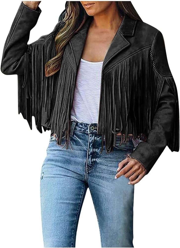 Women's Leather Jacket Faux Suede Fringe Jacket Long Sleeve Lapel Vintage Coats Open Front Tassel... | Amazon (US)