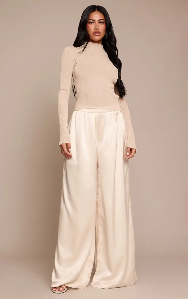 Cream Satin Pleated Wide Leg Trousers | PrettyLittleThing US