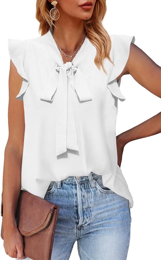 WIHOLL Womens Tie Neck Chiffon Blouses Summer Causal Ruffle Trim Sleeveless Tops Shirts | Amazon (US)