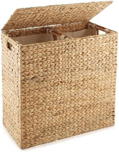 Casafield 2-Section Laundry Hamper with Removable Liner Bags - Natural, Woven Water Hyacinth Doub... | Amazon (US)