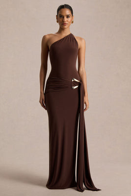 Bonnie | Brown Asymmetric-Neck Maxi Dress With Open-Back | Club L London