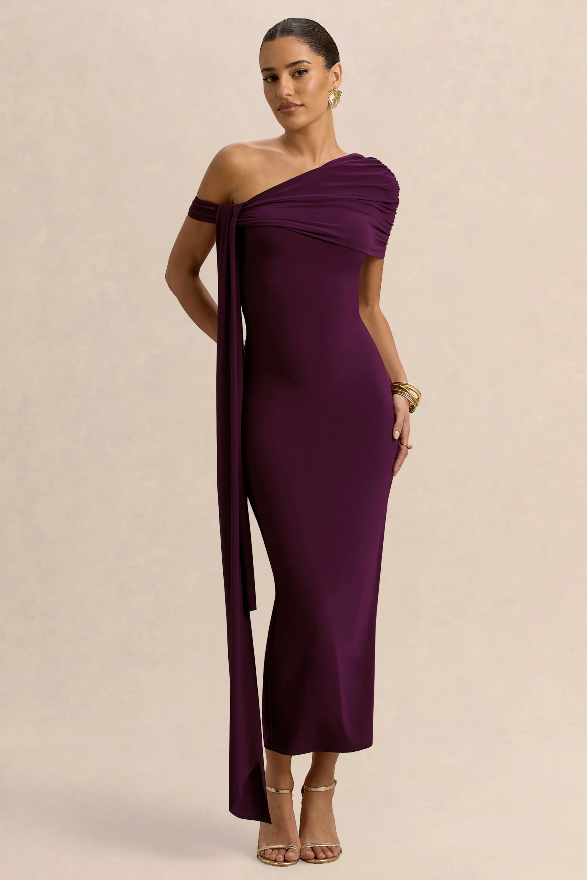Praia | Plum Asymmetric-Neck Midi Dress With Sash and Draped Detailing | Club L London