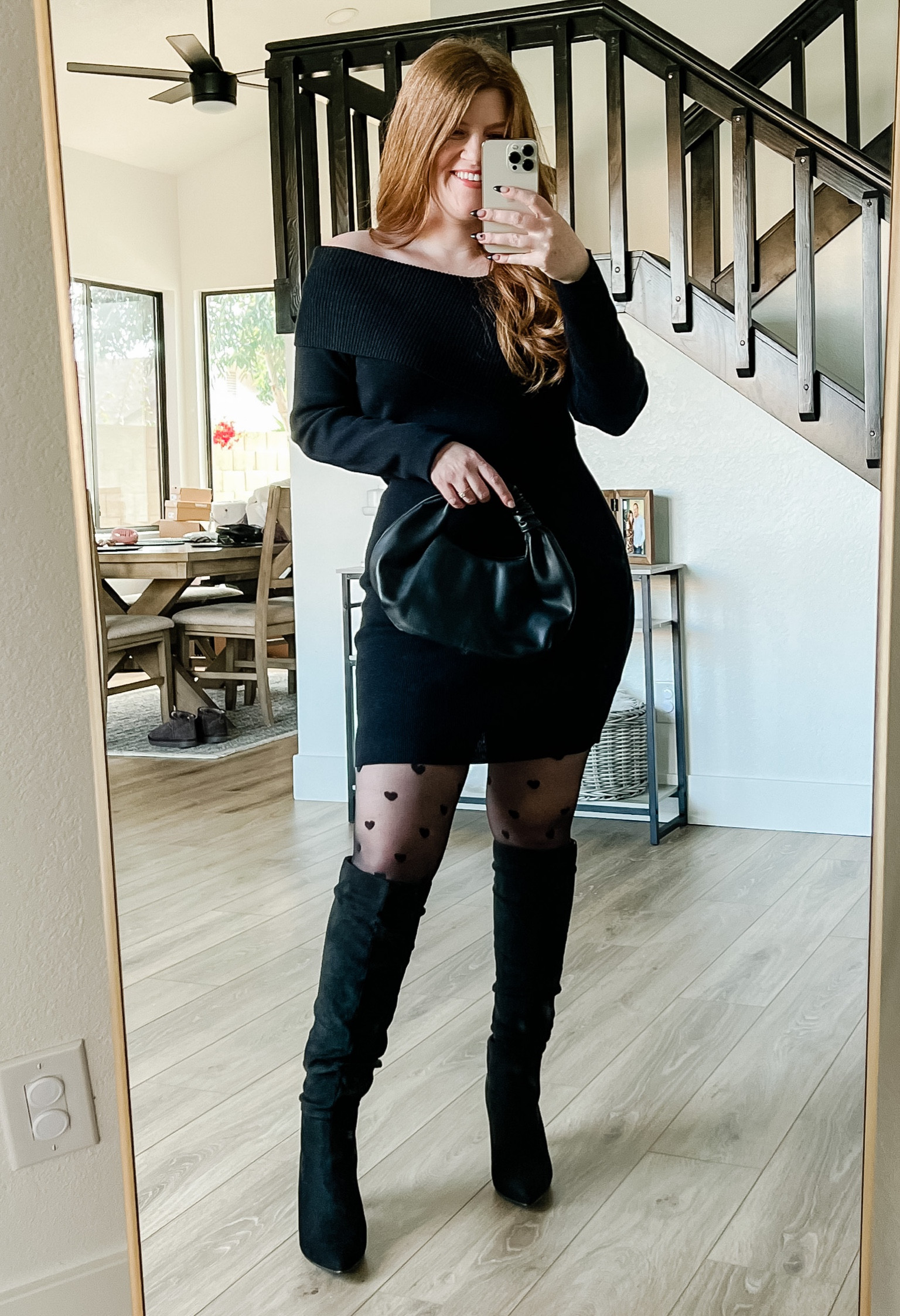 Date night outfit from amazon. Black sweater dress size large. Heart print tights. Knee high boots. Date night outfit. Valentine’s Day dress. 

#LTKSeasonal #LTKunder50 #LTKstyletip