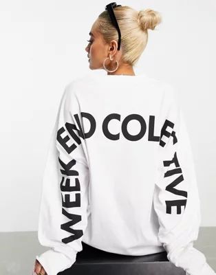 ASOS Weekend Collective oversized long sleeve T-shirt with back logo in white | ASOS (Global)