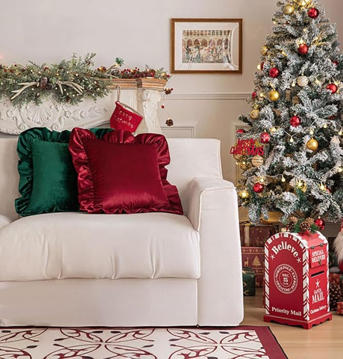 Christmas Throw Pillow Covers 18x18 inch Set of 2, Ruffled Edge Double Layer Decorative Pillows w... | Amazon (US)
