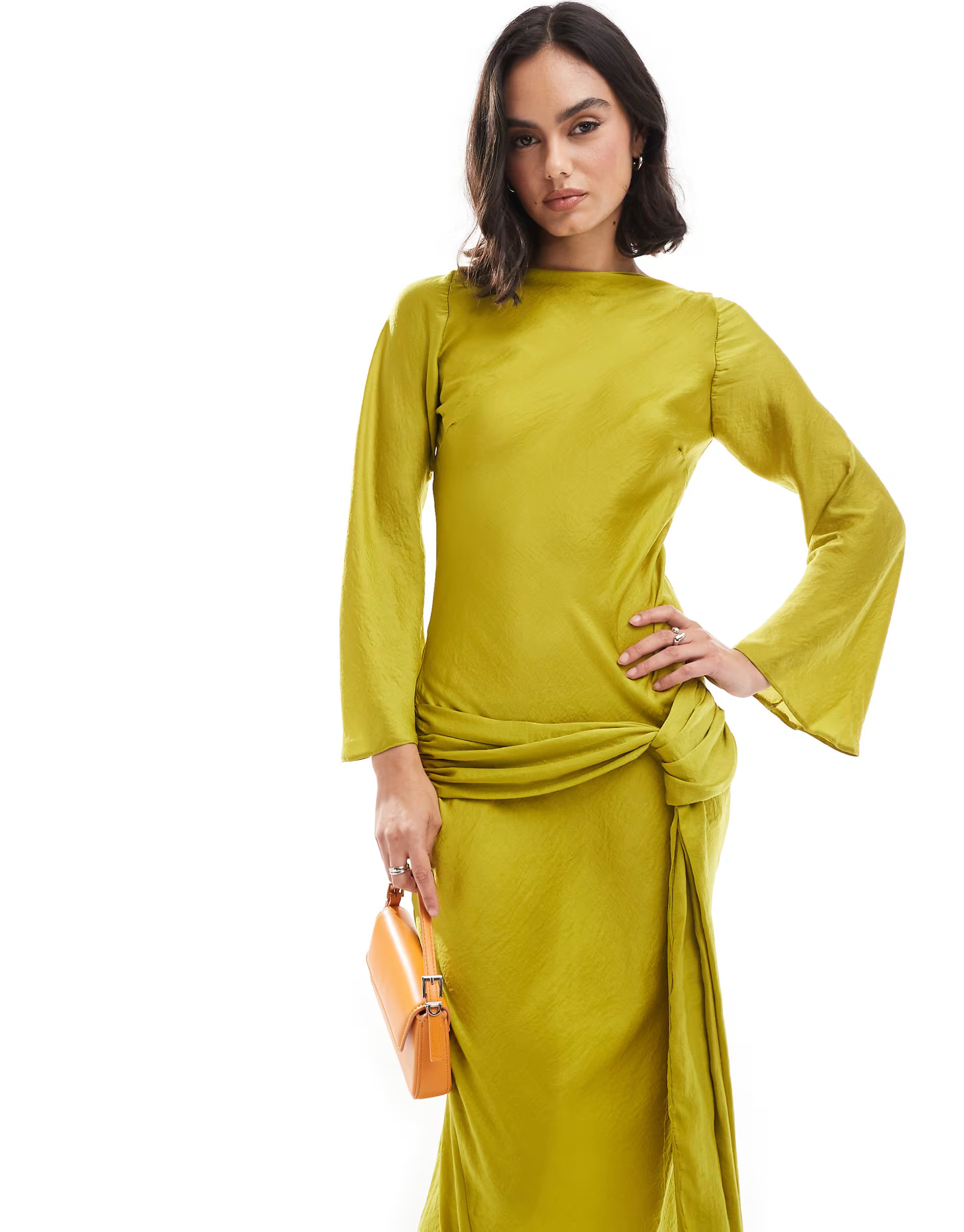ASOS DESIGN long sleeve dropped belt satin maxi dress in chartreuse | ASOS | ASOS (Global)