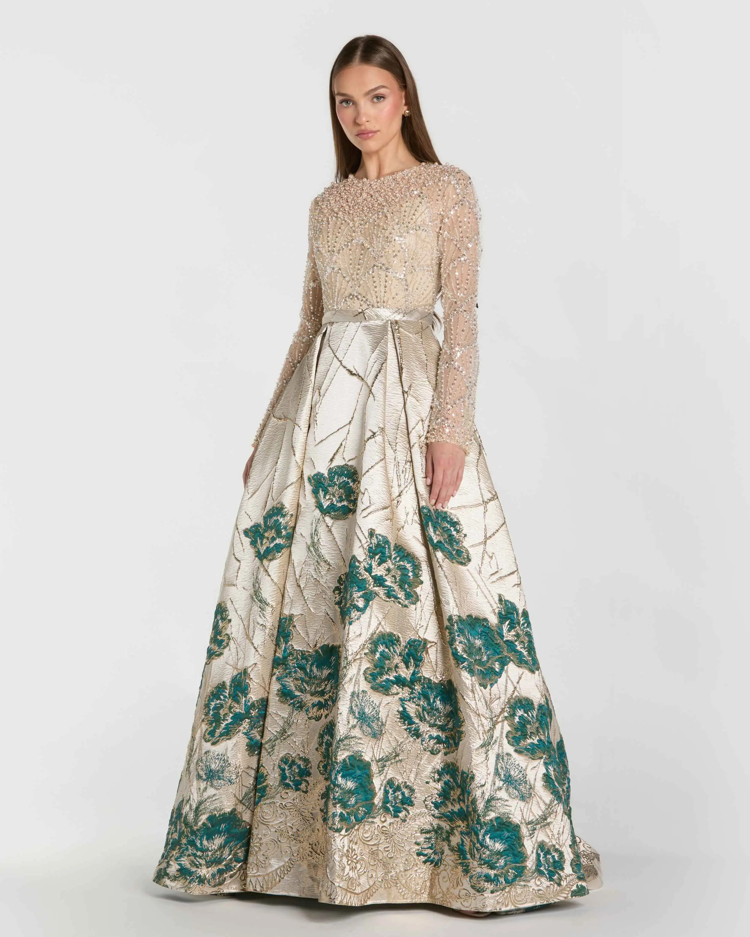 Gold Long Sleeve Embellished Floral Brocade Ball Gown | Mac Duggal | Mac Duggal