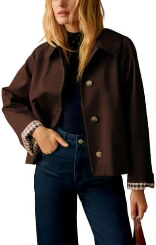 Dqbeng Womens Short Trench Jacket Plaid Lining Button Front Lightweight Classic Casual Outerwear ... | Amazon (US)