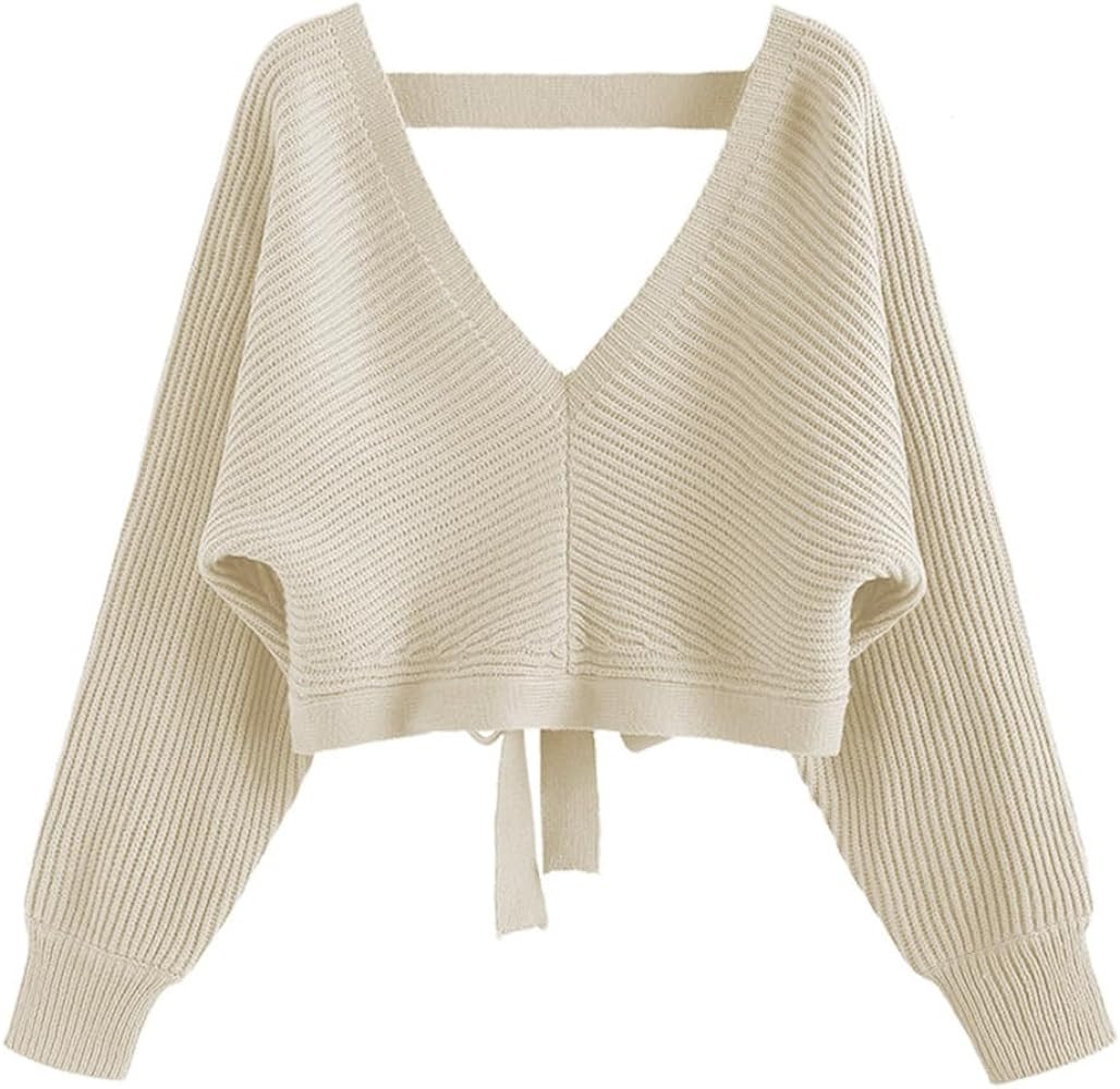 ZAFUL Women's V Neck Cropped Sweater Ribbed Knit Pullover Tops Sexy Drop Shoulder Jumpers | Amazon (US)