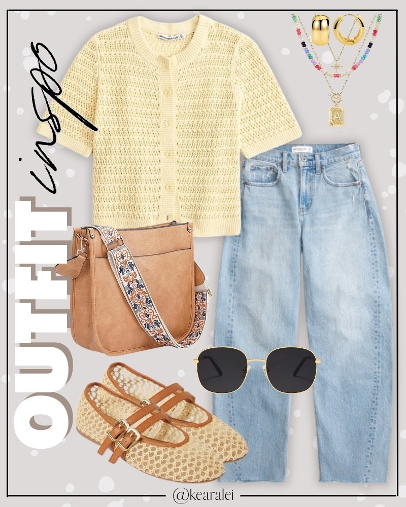 Spring outfits 2026 butter yellow crochet short sleeve sweater cardigan Abercrombie and fitch outfit Free People inspired outfit looks for less Amazon fashion affordable outfits yellow fuzzy short sleeve sweater knit vest cardigan shirt knit top with wide leg light wash barrel jeans barrel leg denim woven leather Mary Jane buckle flats target shoes tan cognac leather crossbody purse bag with woven strap boho outfit casual mom outfit momiform business casual teacher outfit teaching workwear office work wear outfits || #freepeople #boho #amazon #abercrombie #target #fashion #spring #teacher
.
.
deals sales sale alert Amazon fashion, teacher outfits, business casual, casual outfits, neutrals, street style, Midi skirt, Maxi Dress, Swimsuit, Bikini, Travel, skinny Jeans, Puffer Jackets, Concert Outfits, Cocktail Dresses, Sweater dress, Sweaters, cardigans Fleece Pullovers, hoodies, button-downs, Oversized Sweatshirts, Jeans, High Waisted Leggings, dresses, joggers, fall Fashion, winter fashion, leather jacket, Sherpa jackets, Deals, shacket, Plaid Shirt Jackets, apple watch bands, lounge set, Date Night Outfits, Vacation outfits, Mom jeans, shorts, sunglasses, Disney outfits, Romper, jumpsuit, Airport outfits, biker shorts, Weekender bag, plus size fashion, Stanley cup tumbler, boots booties tall over the knee, ankle boots, Chelsea boots, combat boots, pointed toe, chunky sole, heel, high heels, mules, clogs, sneakers, slip on shoes, Nike, adidas, vans, dr. marten’s, ugg slippers, golden goose, sandals, high heels, loafers, Birkenstocks, Steve Madden Target, Abercrombie and fitch, Nordstrom

#LTKootd #LTKSeasonal #LTKSaleAlert
