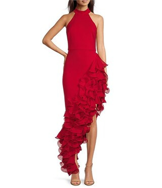 Halter Neck Asymmetrical Ruffle High-Low Gown | Dillard's