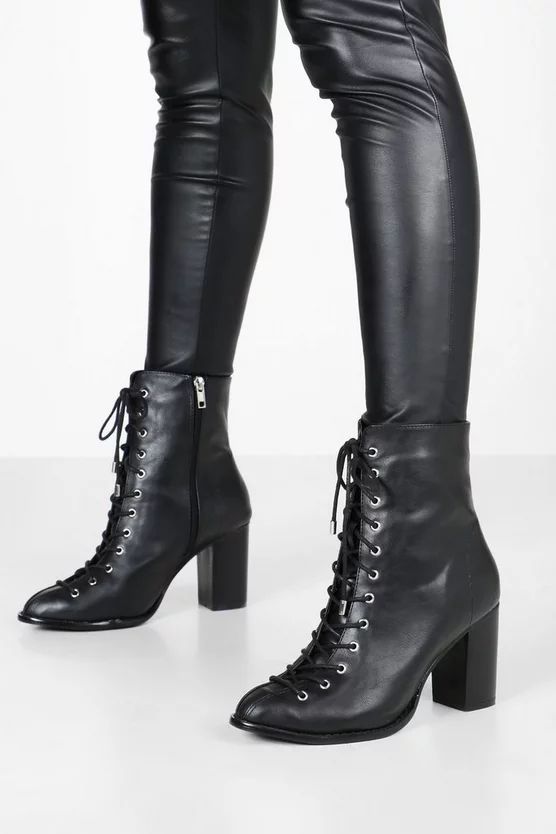 Lace Front Block Heel Shoe Boots | Boohoo.com (US & CA)