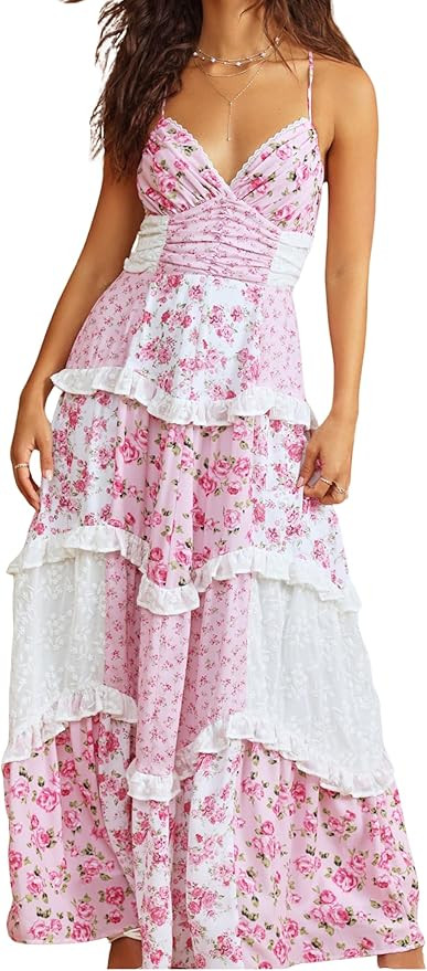 ebossy Womens Lace Patchwork Floral Maxi Dress Spaghetti Strap Sexy Backless Ruffle Tiered Boho B... | Amazon (US)
