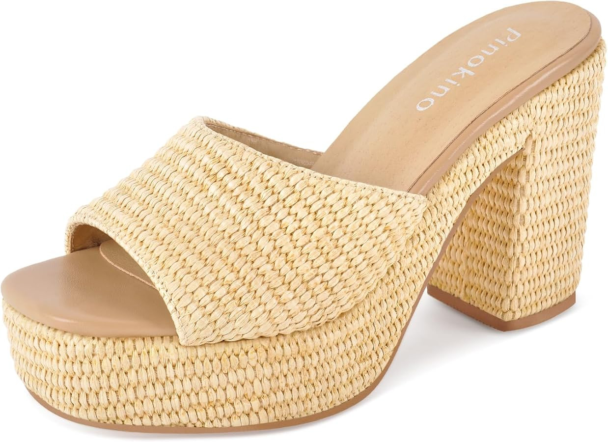 Heeled Platform Sandals for Women 2025 Chunky Espadrille Wedge Summer Beach Sandals Straw Slip On... | Amazon (US)