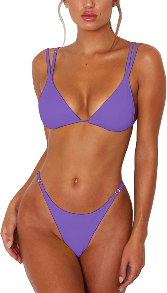Women's Sexy Thong Bottom Two Piece Bikini Double Shoulder Straps Cute Swimsuit Triangle Bathing | Amazon (US)