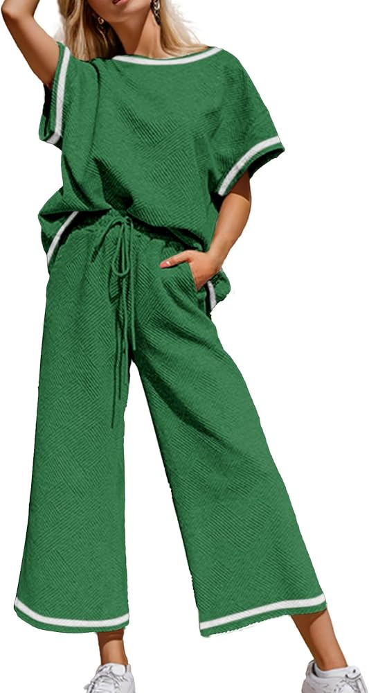 Women's 2 Piece Outfits Textured Sweatsuit 3/4 Batwing Sleeve Crew Neck Pullover Top Wide Leg Pan... | Amazon (US)