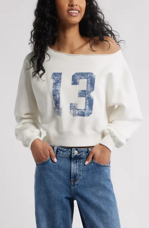 BP. Off the Shoulder Crop Graphic Sweatshirt in Ivory- Blue Moonlight Thirteen at Nordstrom, Size Xx-Small | Nordstrom
