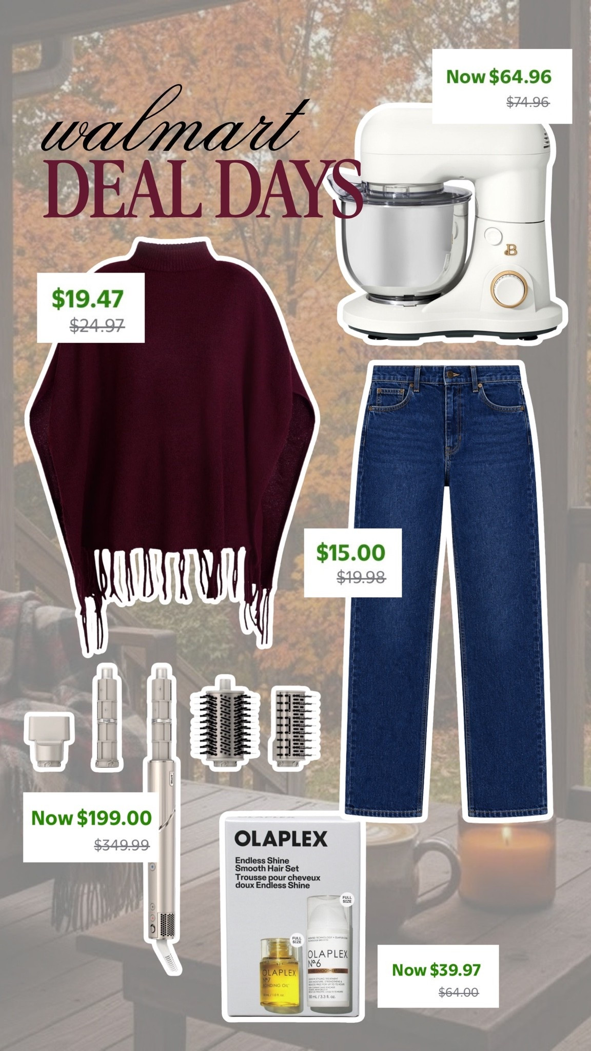 A little fashion, a little beauty, and a few things for the kitchen 🤎 Rounded up my Walmart Deal Days picks, including this $19.47 fringe poncho, the $39.97 Olaplex set, and the prettiest cream appliances! Cozy fall outfits and holiday gifting are both on my mind 🍂 Shop everything below!

Walmart deals, fall fashion, fringe poncho, Olaplex hair set, hair tools, Beautiful by Drew Barrymore, kitchen appliances, holiday gift ideas
