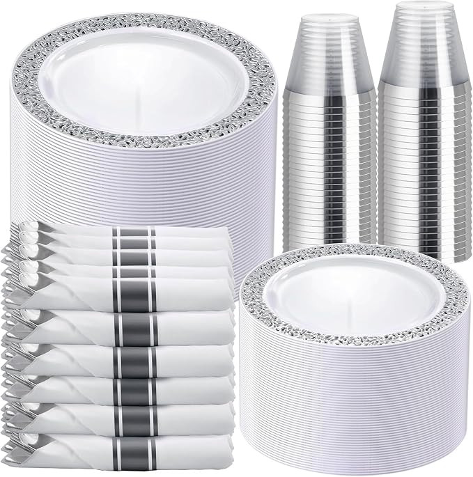 WELLIFE 700 Pieces Silver Disposable Plastic Dinnerware, Includes:100 Dinner Plates, 100 Dessert ... | Amazon (US)