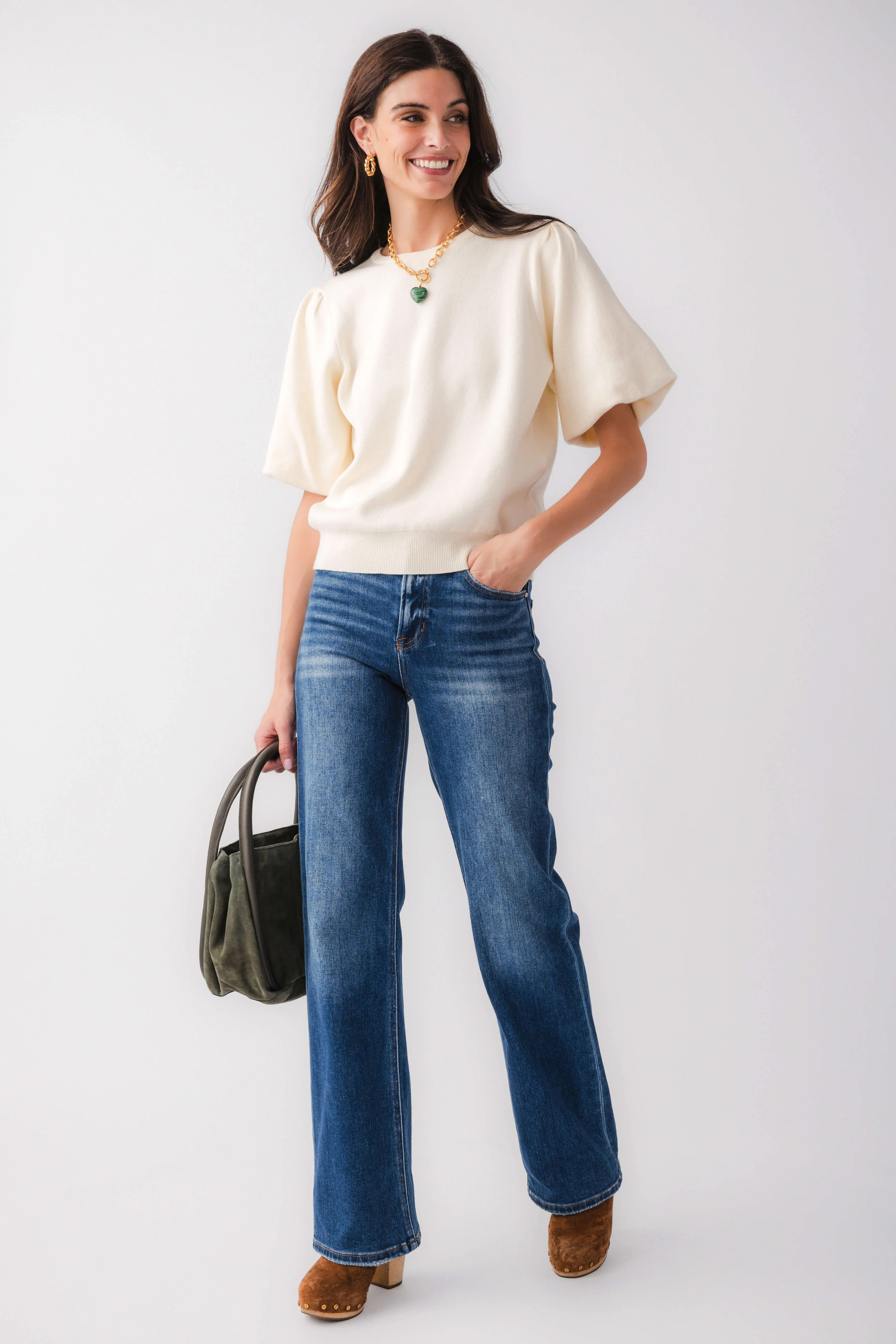 Voy Solid Knit Bubble Sleeve Top | Social Threads