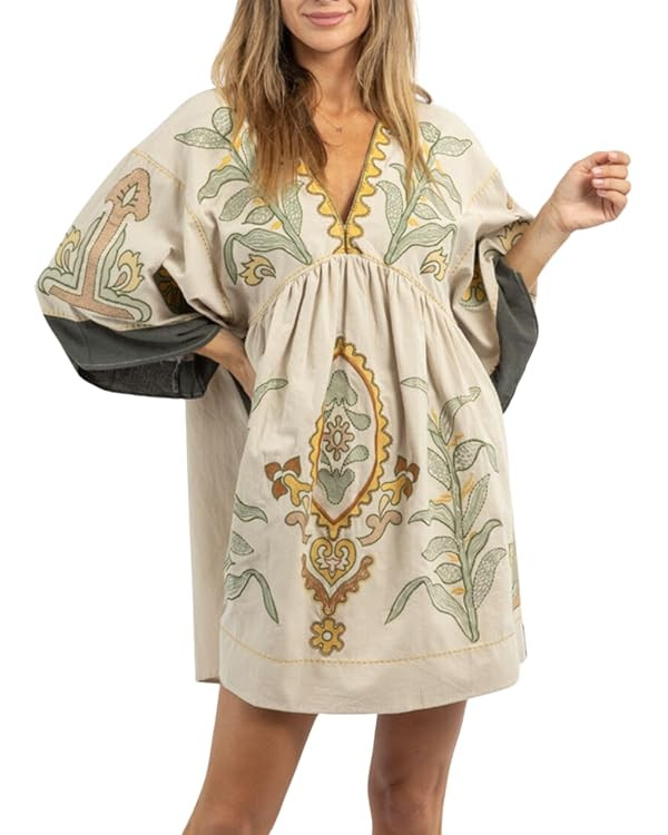 Womens Oversized Embroidered Dress with V-Neck and 3/4 Sleeves Vintage Embroidery Babydoll Dress | Amazon (US)