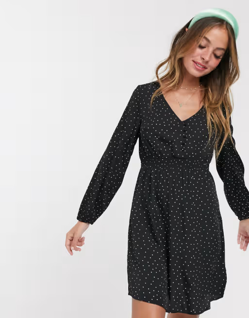 New Look Petite shirred waist polka dot mini dress in black | ASOS (Global)