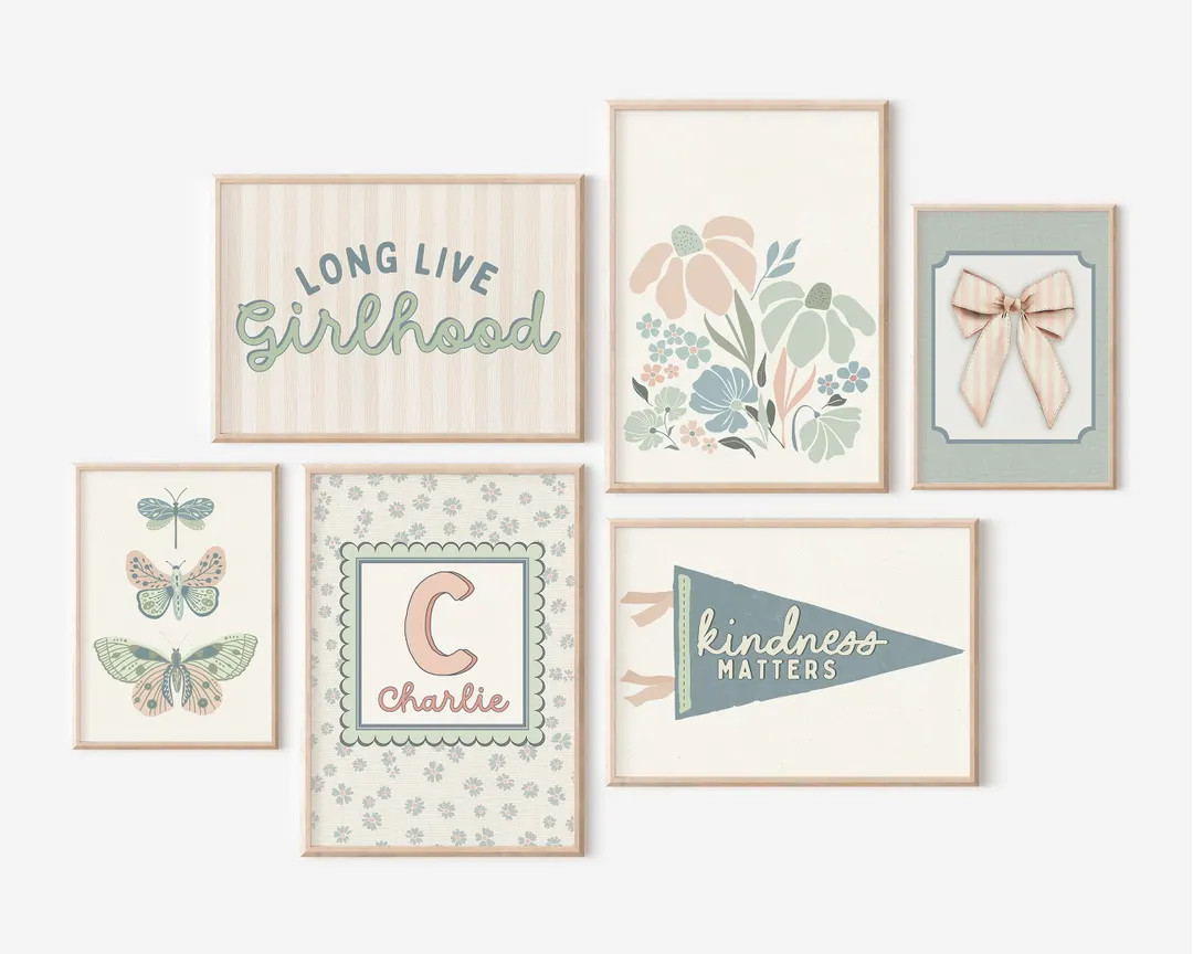Girls Gallery Wall Set of 6 Prints Blush Pink Nursery Decor Pastel Neutral Muted Custom Name Retr... | Etsy (US)