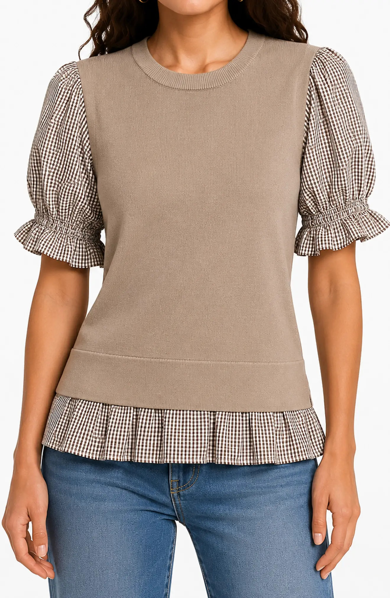 Nanette Lepore Twofer Ruffle Trim Sweater in Camel Gingham at Nordstrom Rack, Size Medium | Nordstrom Rack