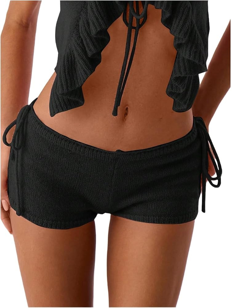 WDIRARA Women's Tie Side Knitted Mini Shorts High Waist Elastic Waisted Summer Cute Shorts | Amazon (US)