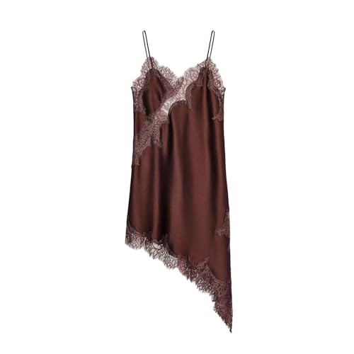 Women's Satin Lace Dress Asymmetric Cocktail Mini Dress Layering Essentials Elegant Dresses Date Night Outfits (Brown,S) | Amazon (US)