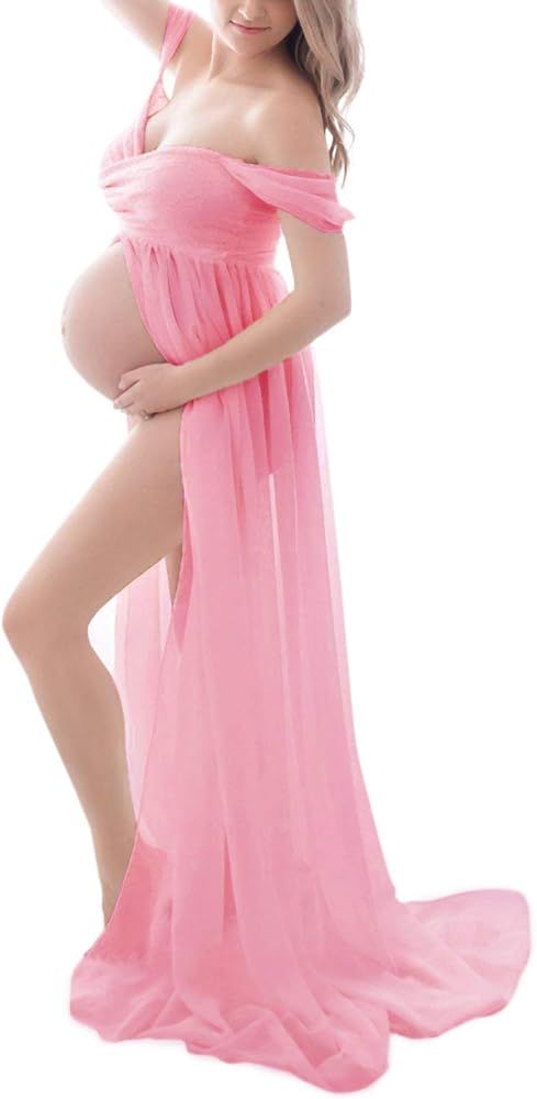 Maternity Dress for Photography Off Shoulder Chiffon Gown Split Front Maxi Pregnancy Dresses for ... | Amazon (US)
