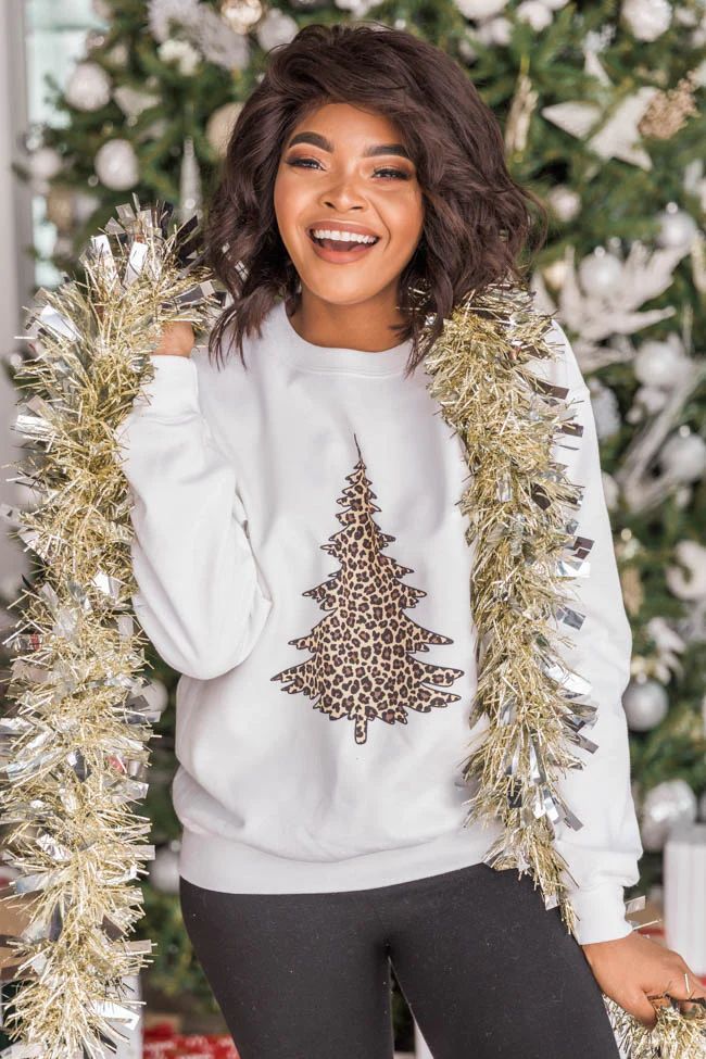 Animal Print Christmas Tree Graphic White Sweatshirt | The Pink Lily Boutique