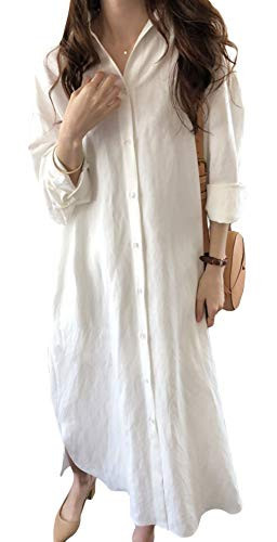 GGUHHU Womens Chic Button Down Rolled-Up Sleeve Long Cotton Blouse Maxi Dress (X-Small, White) | Amazon (US)