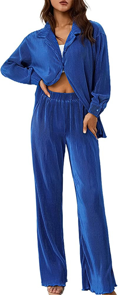 Creaion Women's Trendy Pleated Beach Matching Sets Summer Long Sleeve Button Down TShirt Micro Fl... | Amazon (US)